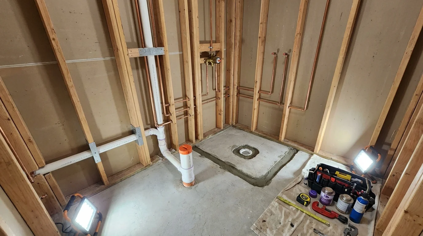 Bathroom rough-in plumbing during remodel by Johns Plumbing LLC in Huntingdon