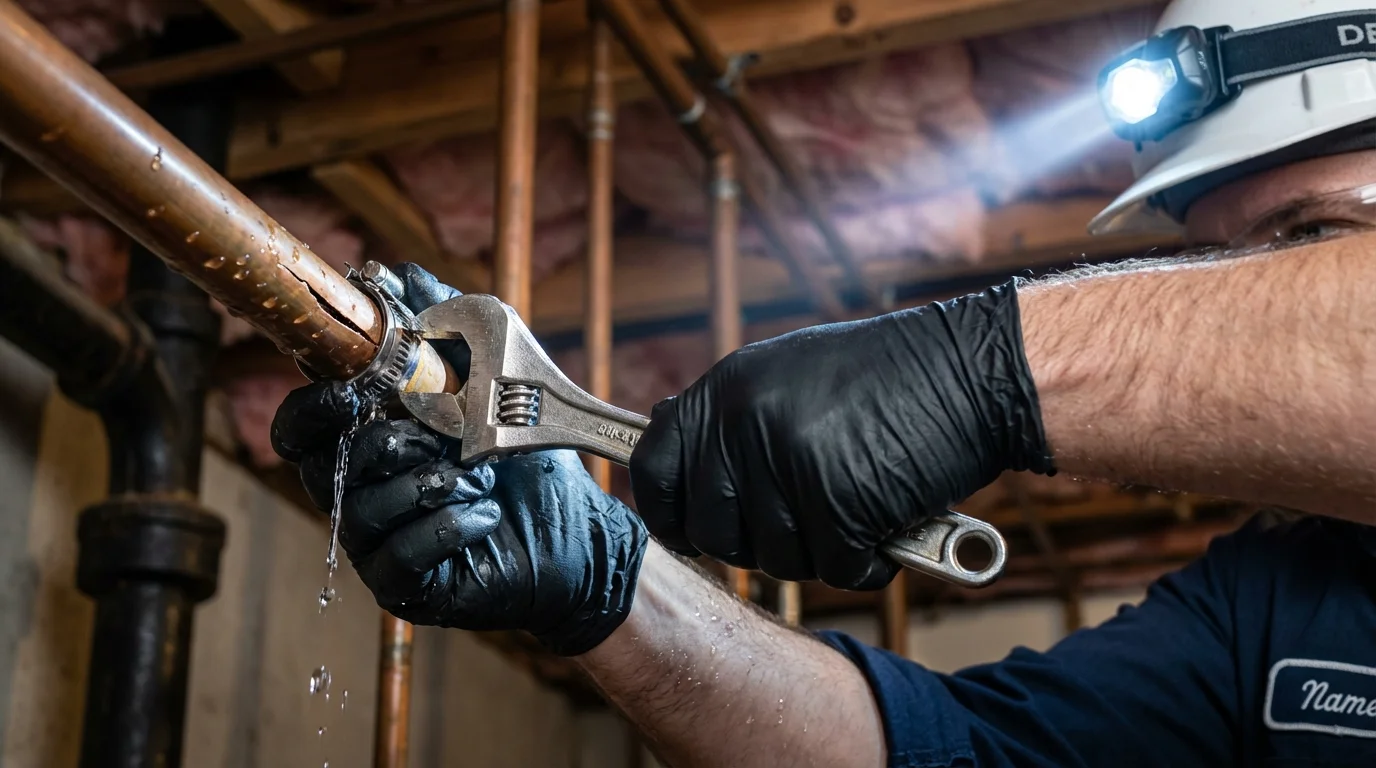 Emergency pipe clamp repair being performed by a Johns Plumbing LLC plumber in Huntingdon