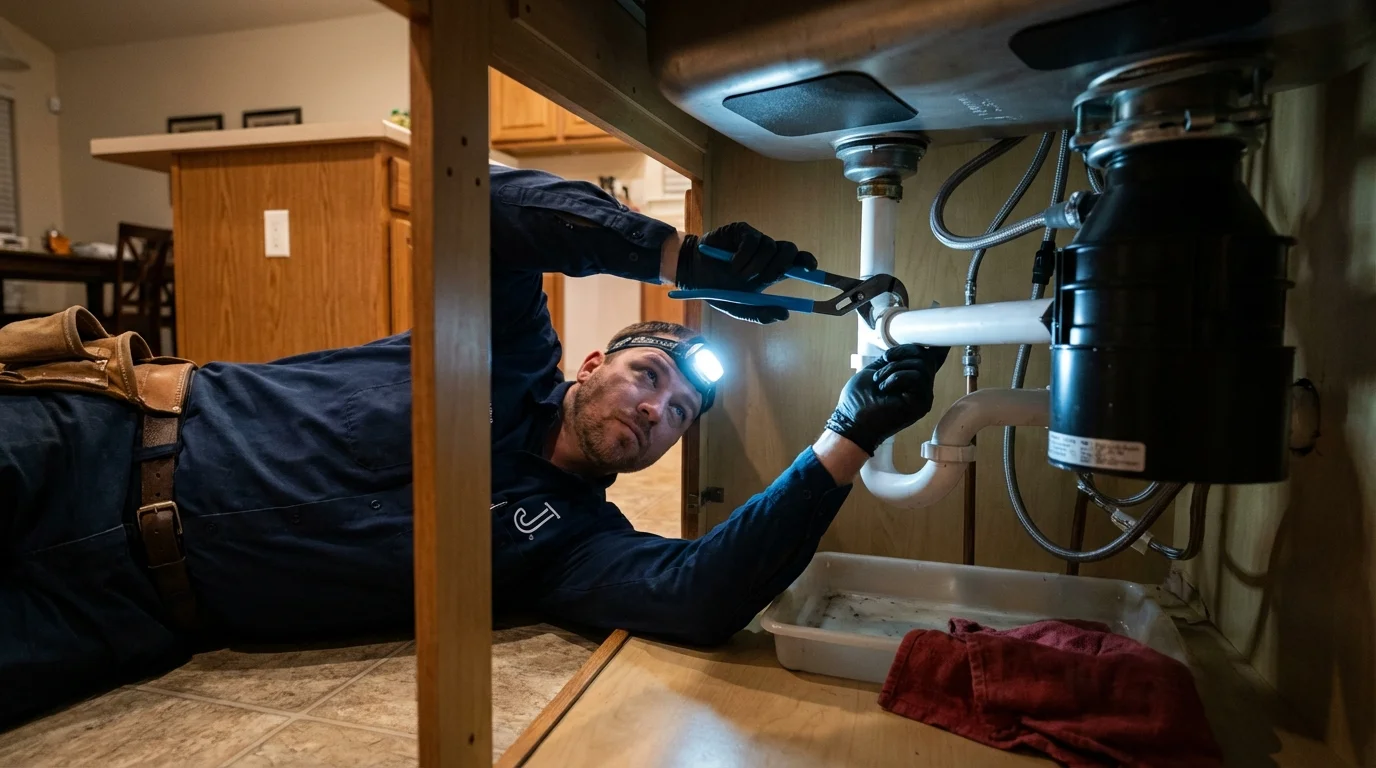 P-trap and supply line connections under a kitchen sink showing a common leak point in Huntingdon, PA